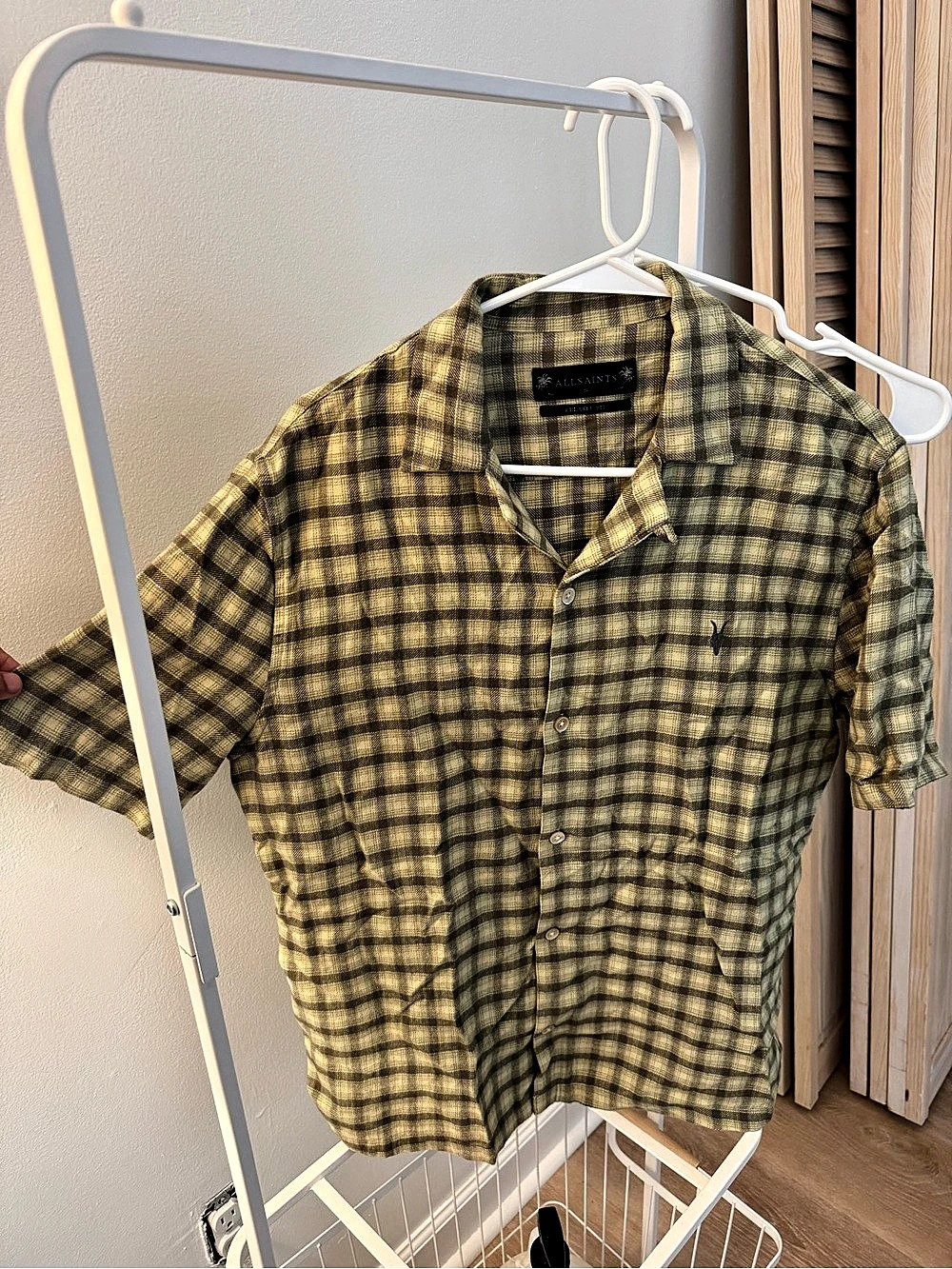 AllSaints Relaxed Fit Plaid Short Sleeve Shirt in Green & Yellow Size Small